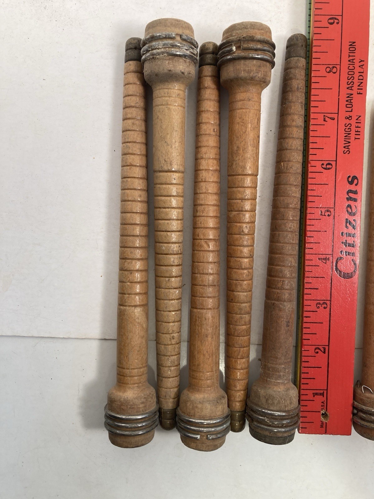 Wood Bobbins Quills Vintage Factory Reclaimed, 8 3/4 and 7 3/8", lot of 10