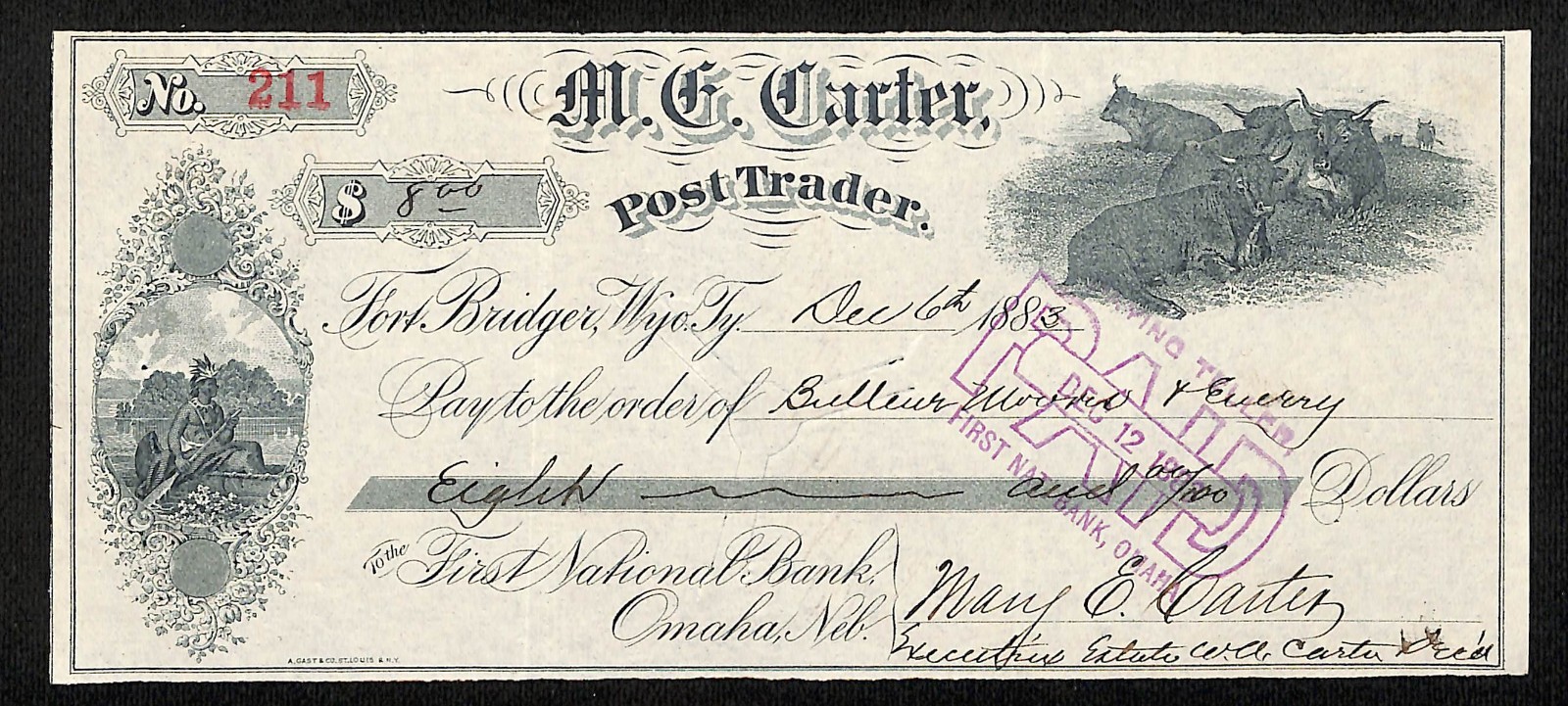 1883 M.E. Carter (Mary E. Carter) Post Trader Fort Bridger WY Territorial Check