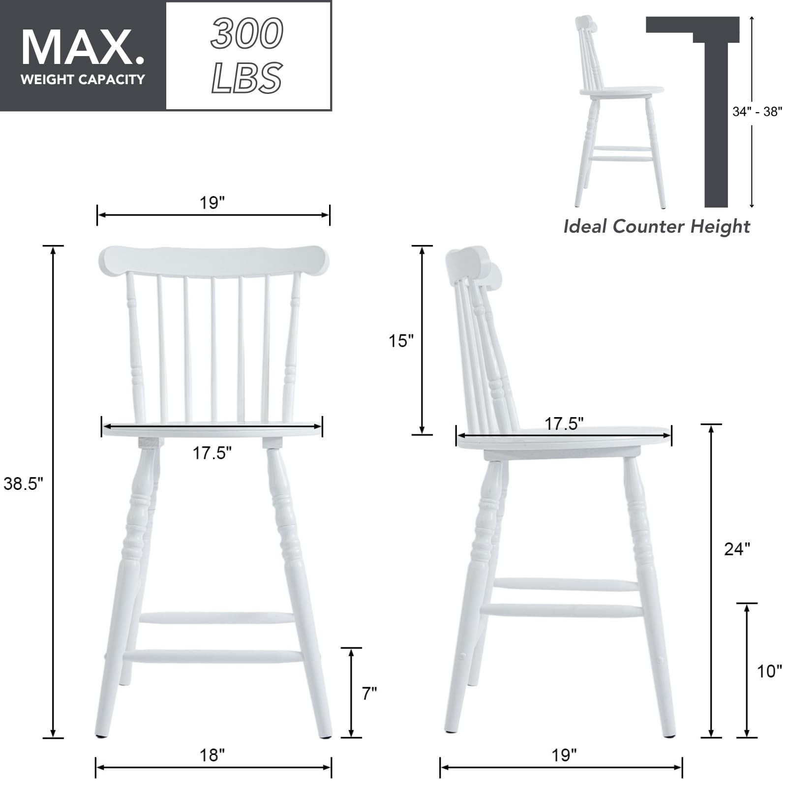 24" White Windsor Counter Height Bar Stools Set of 3, Farmhouse Wooden Counter