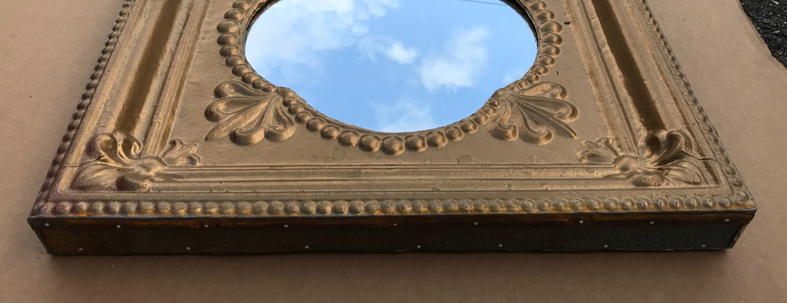 VTG Decorative Salvaged Tin Ceiling Gold 23" SQ. Thick Metal Mirror Old 1614-25B