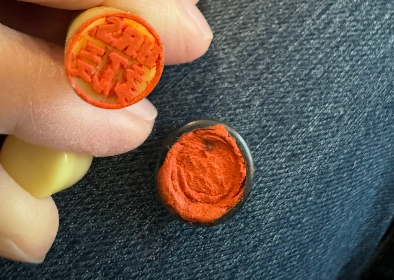 Vintage Japanese Hanko stamper with powdered red ink in little case circa 1940