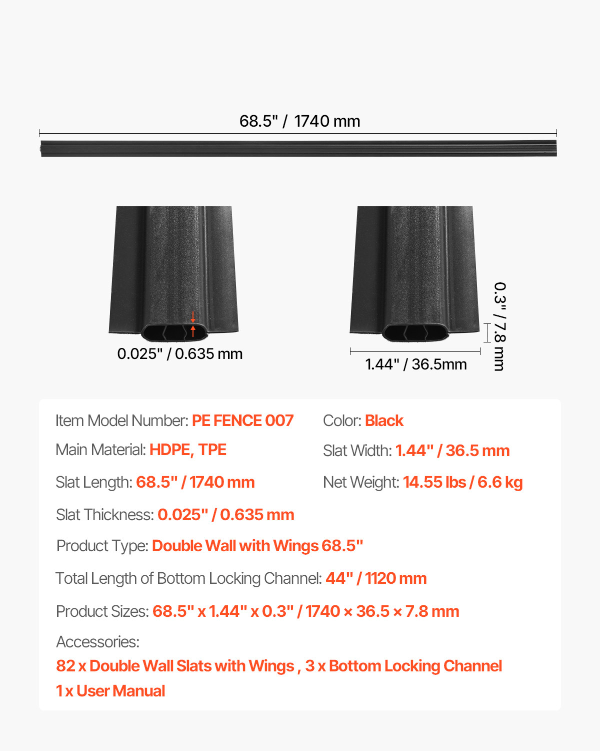 Chain Link Fence Privacy Slats Double-Wall with Wings for 6' High Fence Black