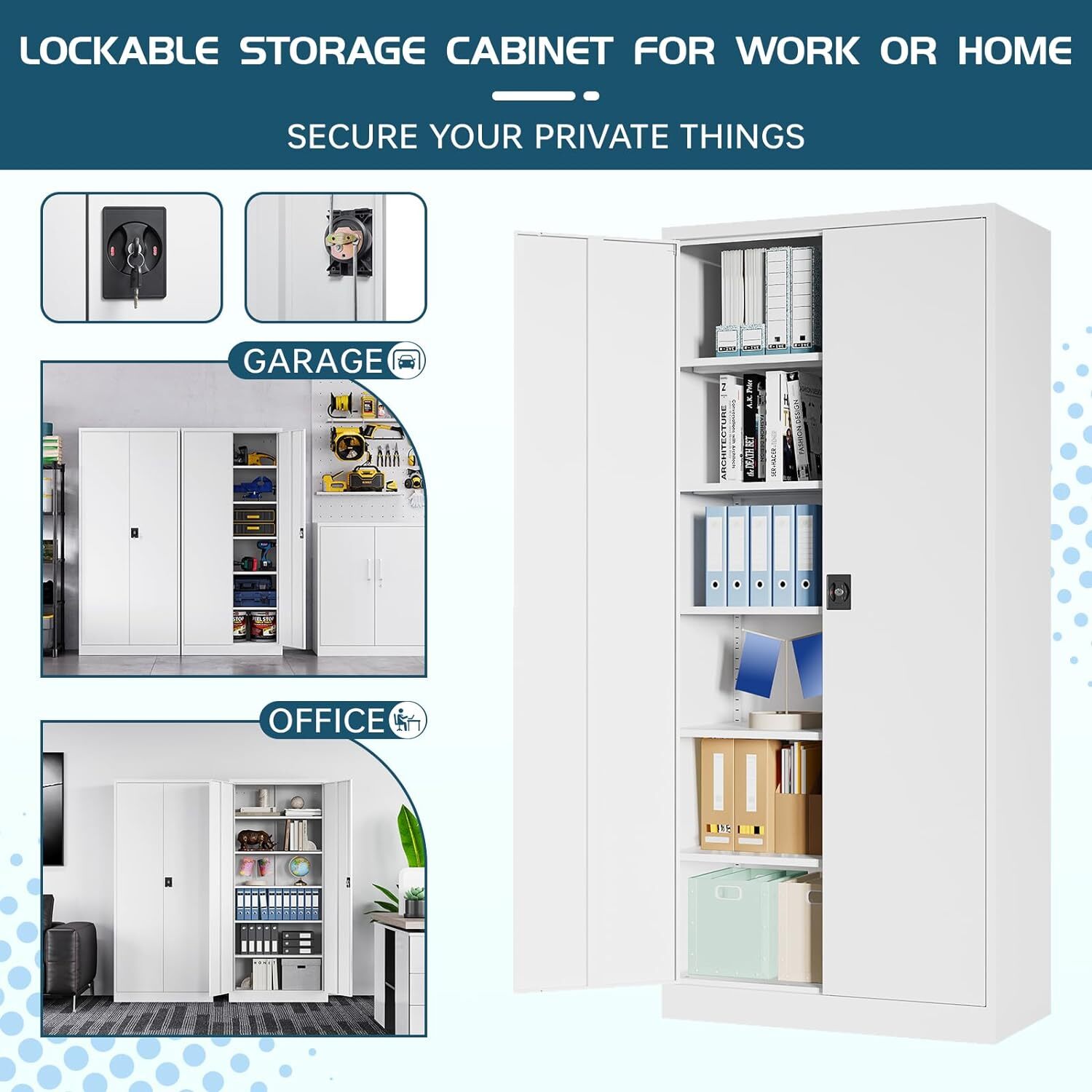 Metal Storage Cabinet,71” Tall Garage Cabinet w/Locking Doors Adjustable Shelves