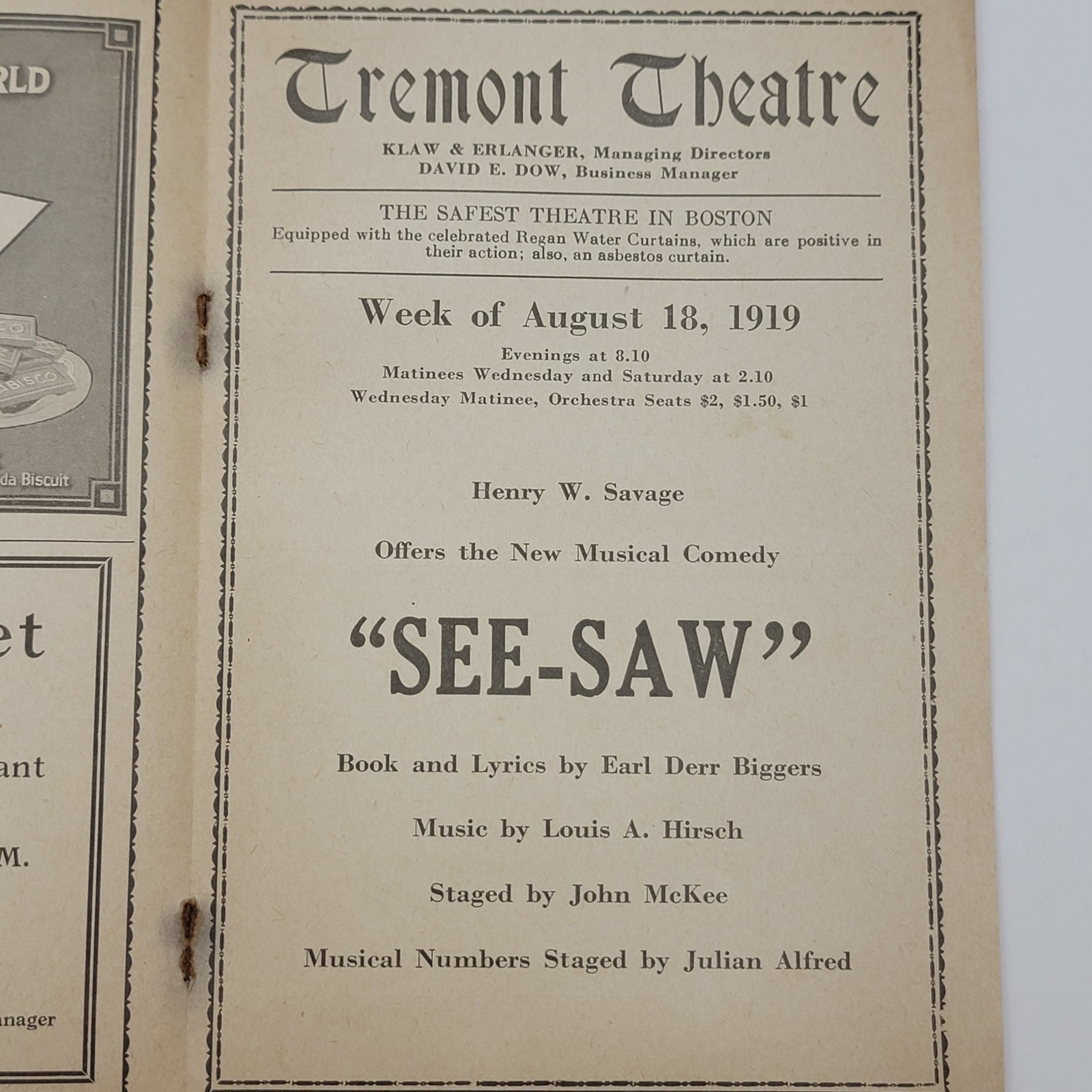 Antique Playbill Tremont Theatre Boston 1919 See-Saw theater play August 18
