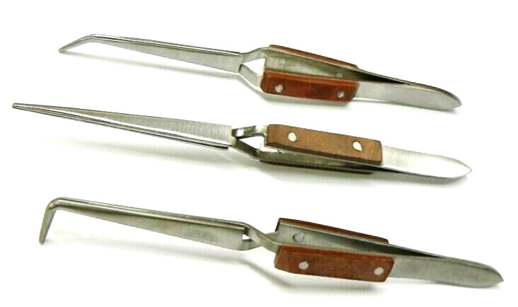 Fiber Grip Cross Lock Tweezers Self Closing 6" Set - Curved + 90° + Straight Tip