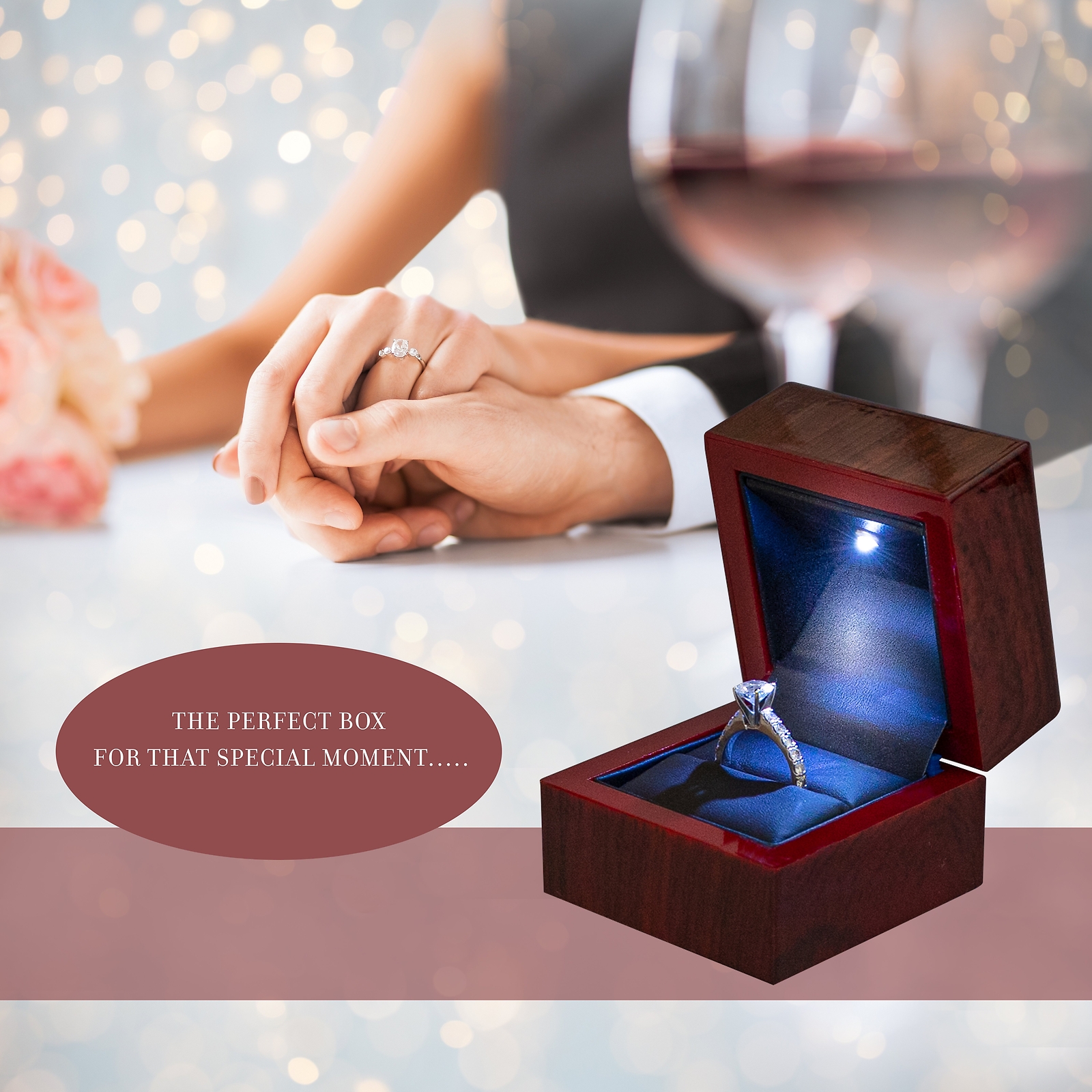 Novel Box Cherry Wood Ring Box, Led Light Ring box for Engagement Proposal