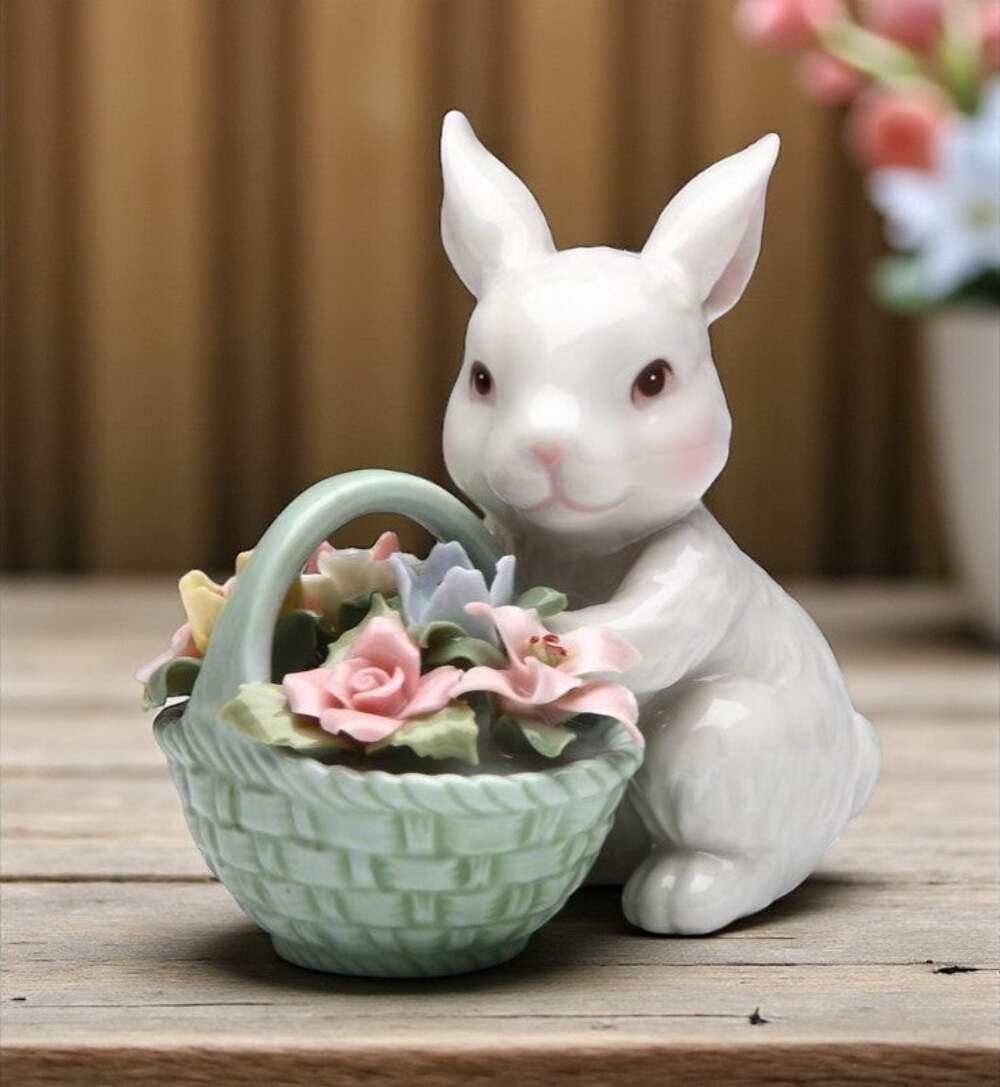 Ceramic Easter Bunny Rabbit With Flower Basket Figurine, Home Décor, Gift for He