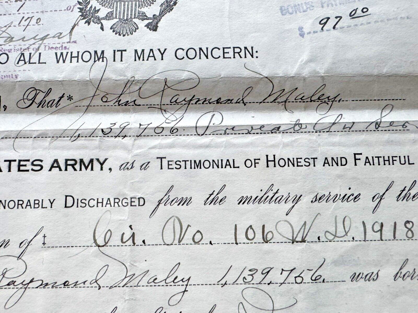 1918 WWI HONORBLE DISCHARGE PAPERS FROM THE UNITED STATES ARMY PRIVATE MALEY