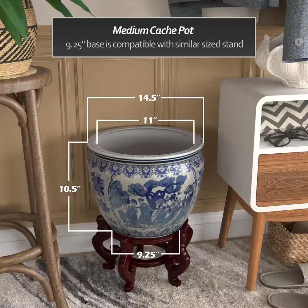 Red Lantern 14 in. Ladies Blue and White Porcelain Fishbowl