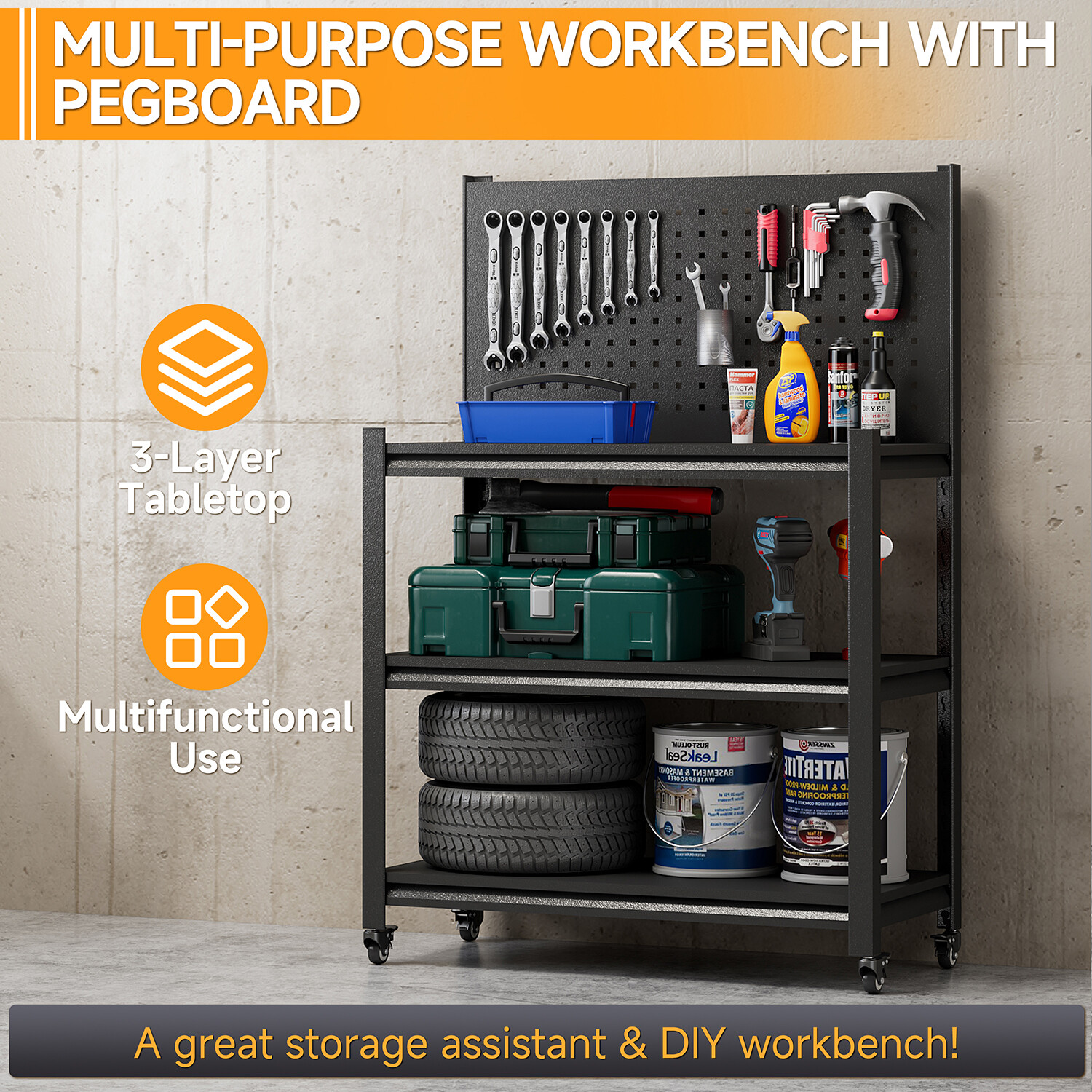 Metal Adjustable Workbench w/ Pegboard Rolling Garage Tool Storage Shelving Rack