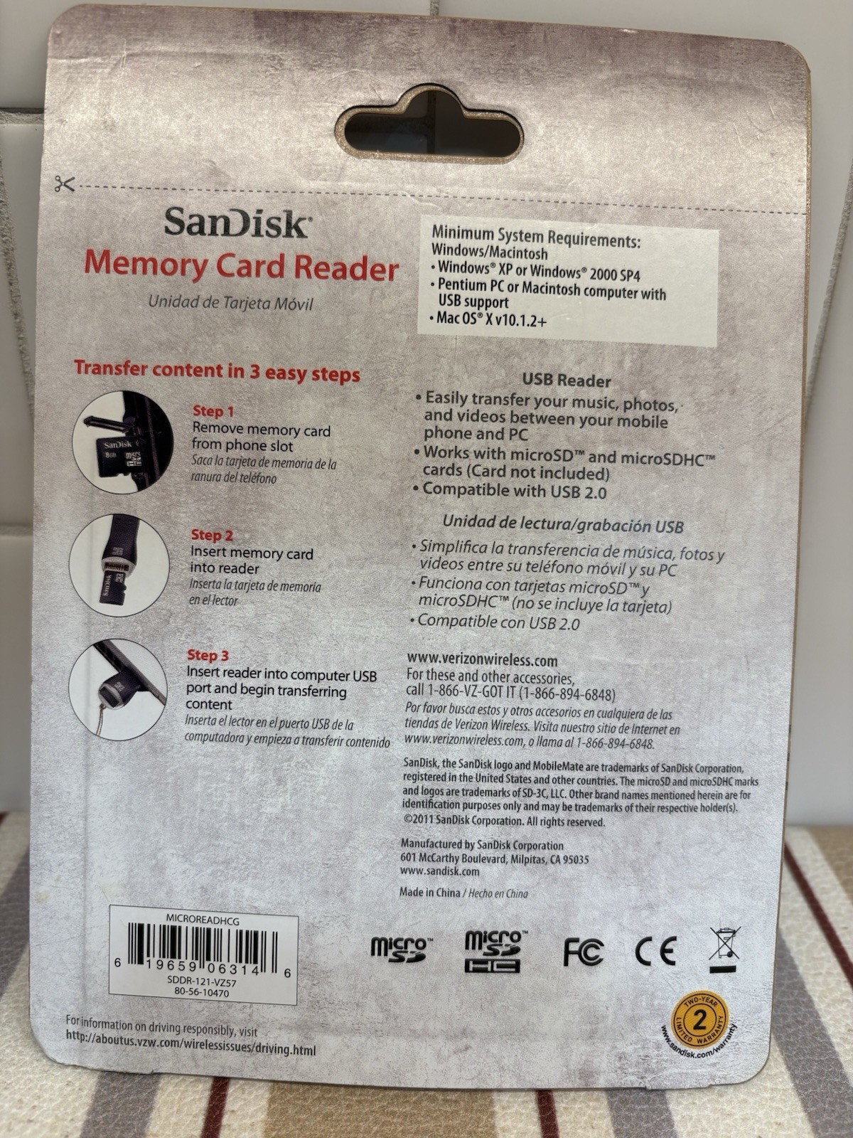Verizon SanDisk MobileMate Micro Memory Card Reader NEW in PKG Universal