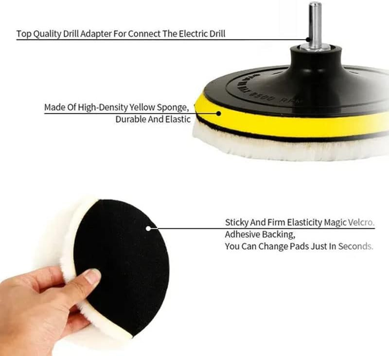 5PCS 6" Buffing Polishing Pad Wool Wheel Mop Kit For Car Polisher Drill Adapter