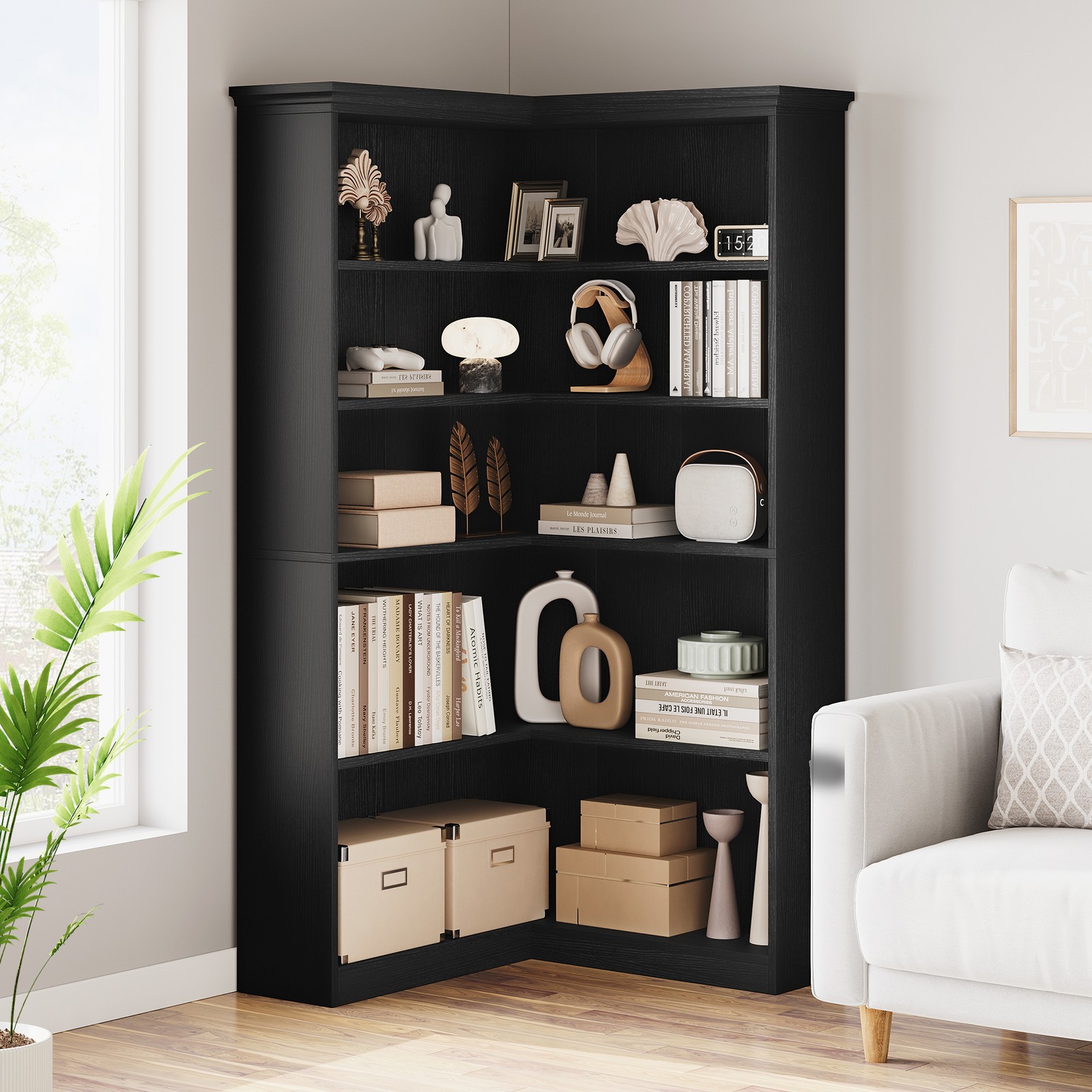 Corner Bookshelf 5 Tier Large Display Bookshelf 90° Corner Standing Bookcase