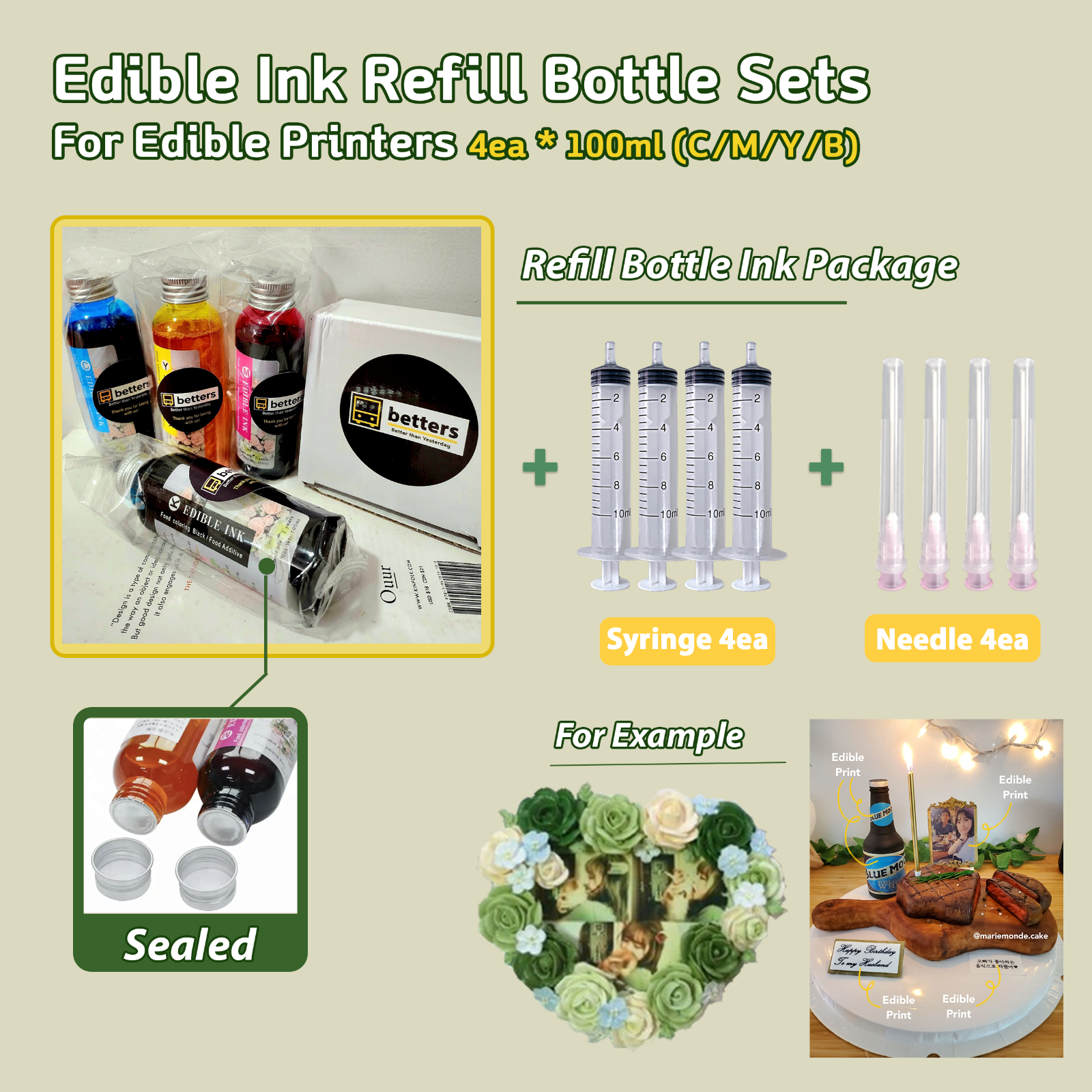 Edible ink Set- Refill 4 * 100ml bottles with 4 needles & 280/281 Cake Cartridge