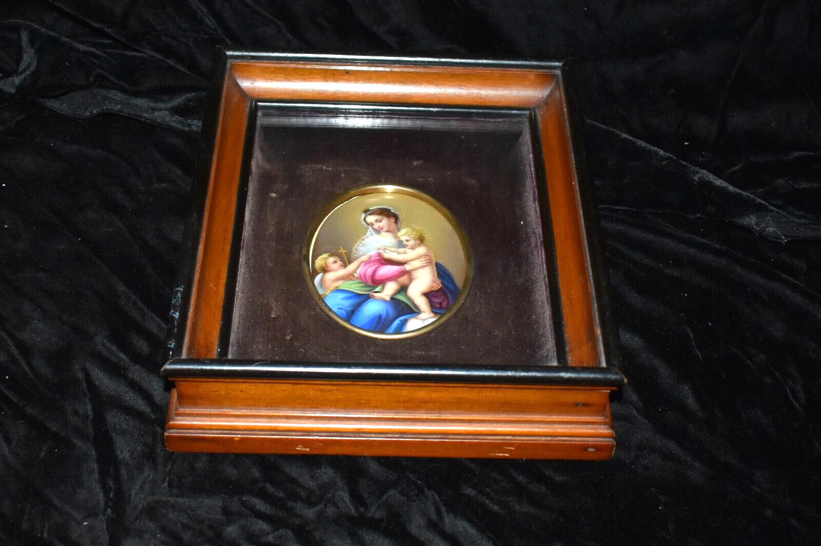 Antique KPM Style Germany Porcelain Plaque Madonna Child & Cherub Framed