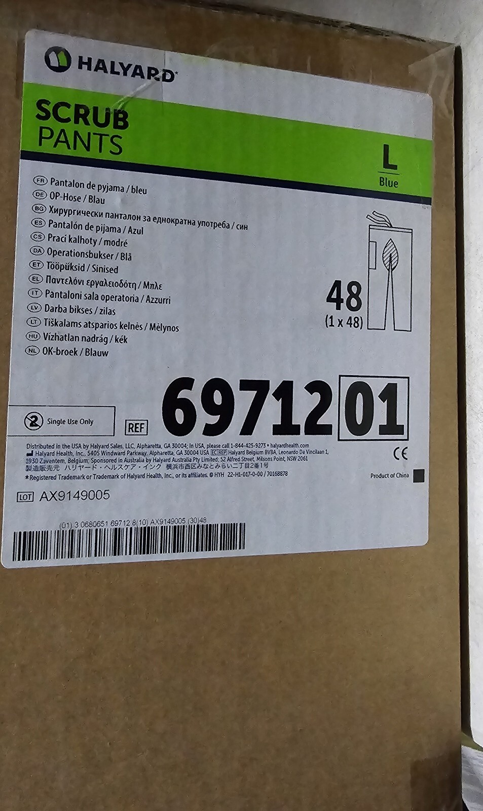 Halyard Scrub Pants, Large, Blue, Case of 48, # 69712 (Large quantity available)