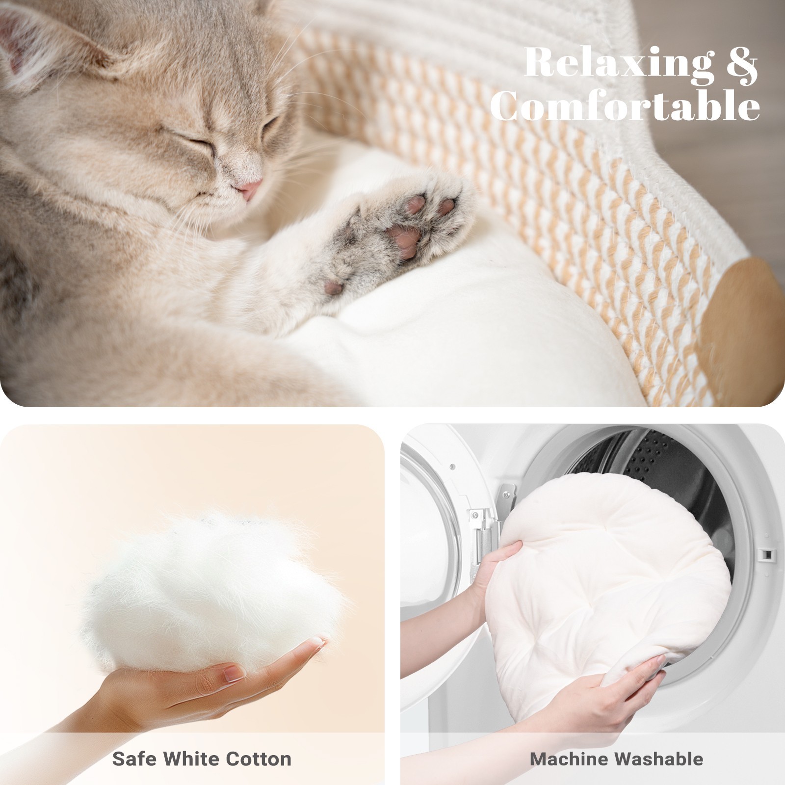 Cat Bed Basket with Cushion, 19*19*6in 2-in-1 Cotton Pet Couch for Indoor Cats