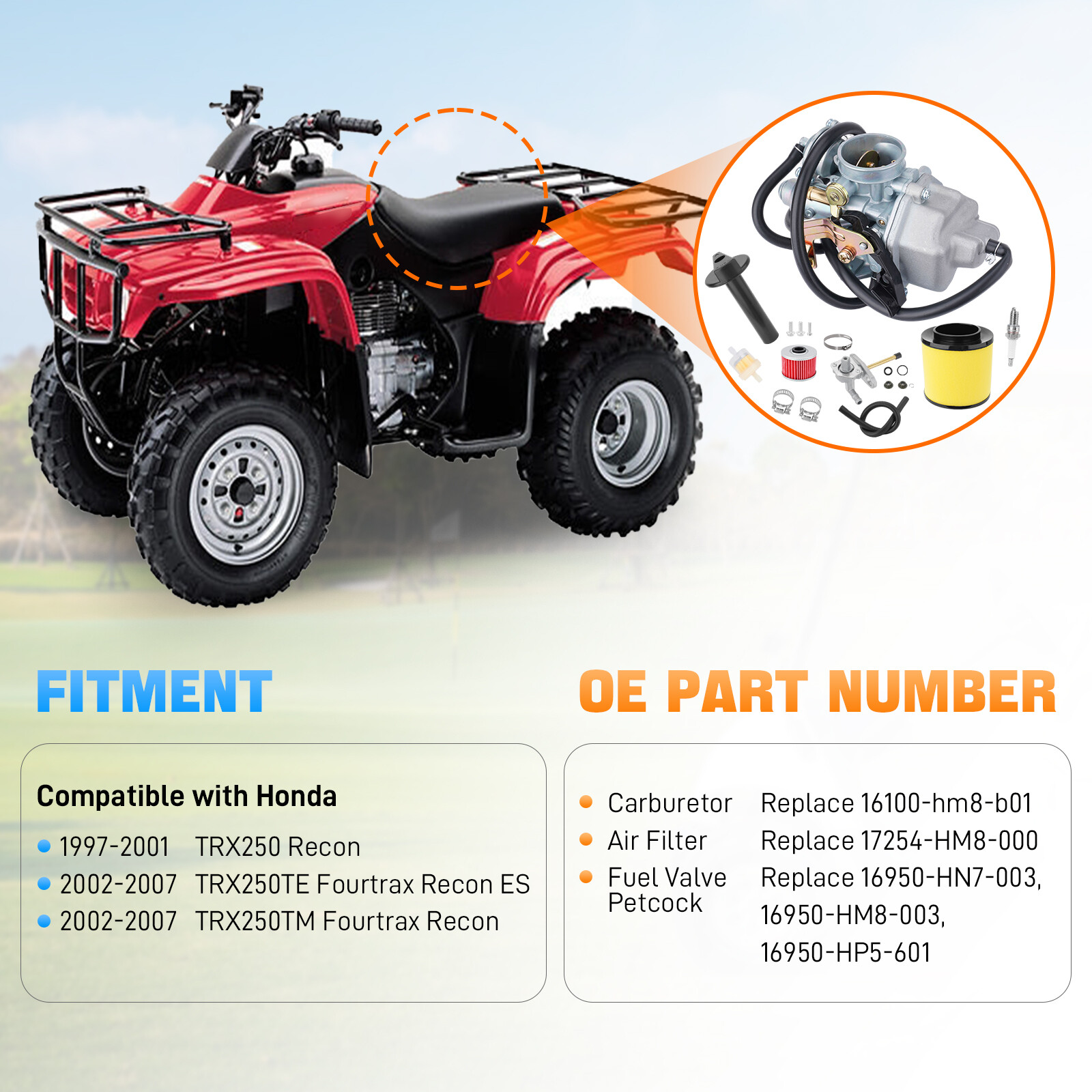 Carburetor Kit for Honda Recon 250 TRX250 TRX250TE TRX250TM 97-07 16100-HM8-B01