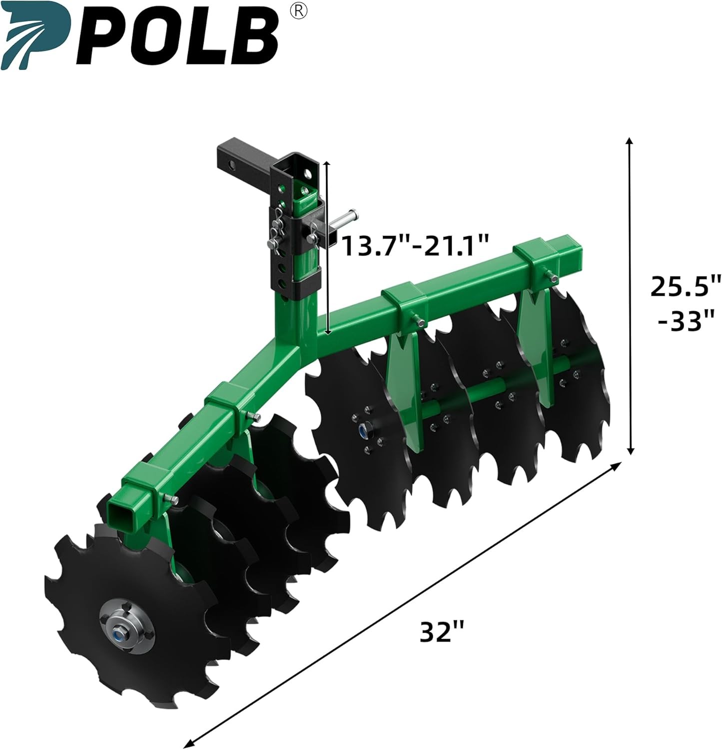 32" Tractor Disc Plow Harrow with 2" Receiver, Pull behind Tiller for ATV, Green