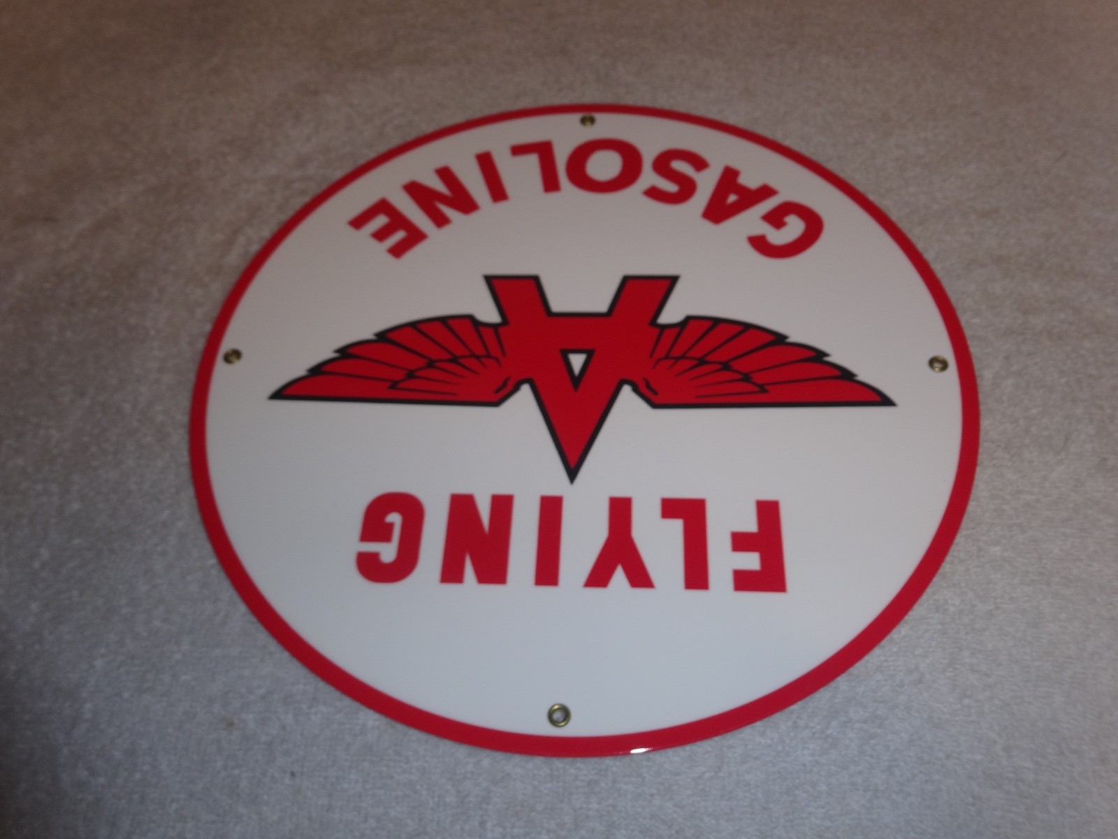 VINTAGE FLYING A GASOLINE WHITE 11 3/4" PORCELAIN METAL SERVICE STATION OIL SIGN