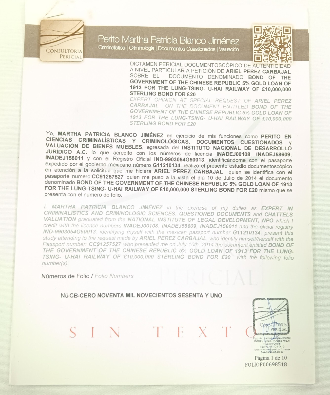 China 1913 Lung-Tsing-U-Hai Railway Bond Super Petchili 5% Gold Loan W/ COA