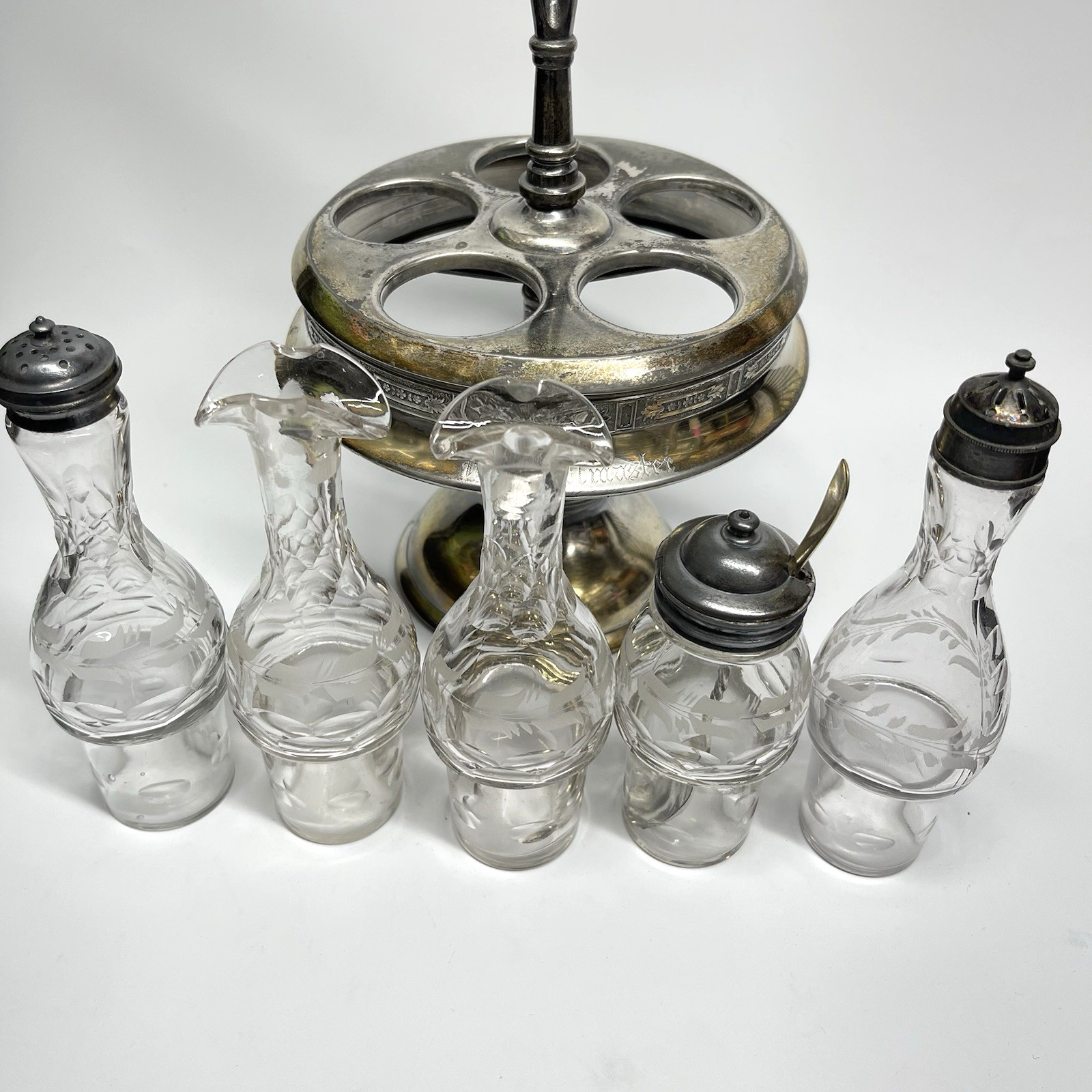 Antique 1800s Hall Elton Cruet Set Condiment Caddy Victorian Era Etched Glass