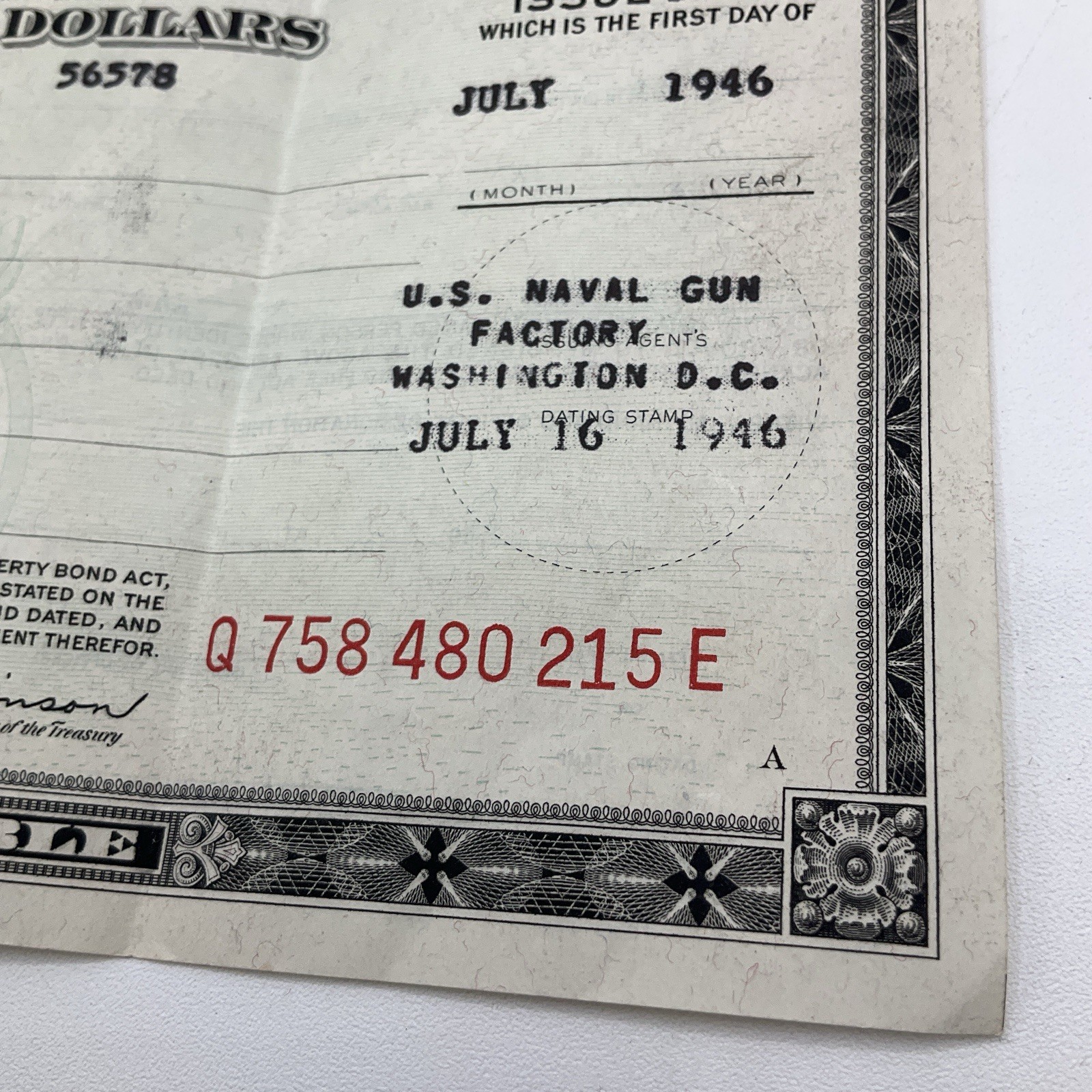 July 16th, 1946 Series E $25 United States Savings Bond US Naval Gun Factory DC