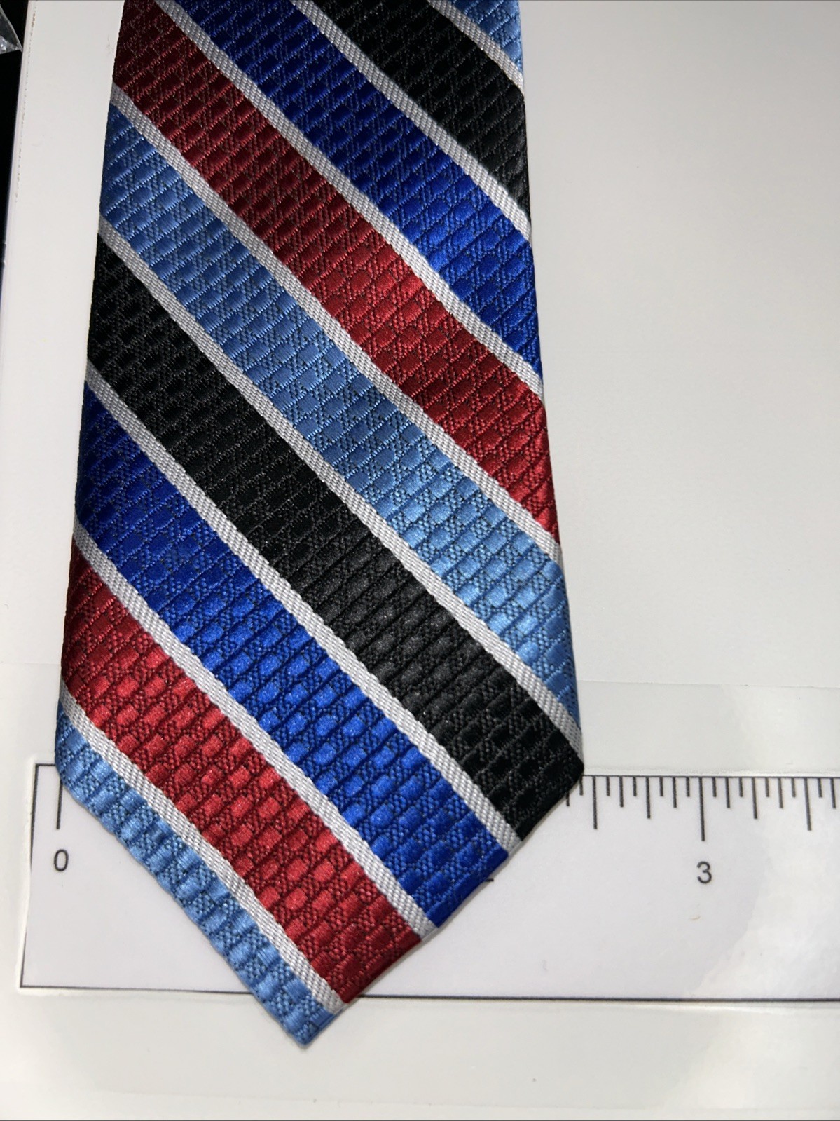 Boy’s Clip-on Tie Stripes Red White Blue Black 2.25 W X 15 L