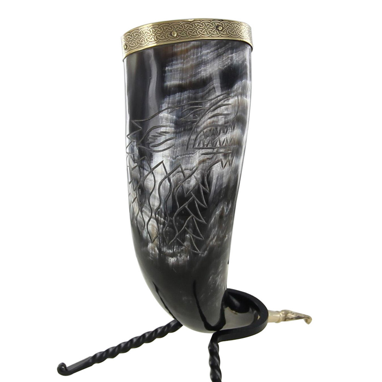 Medieval Fenrir Viking Handmade Warrior Drinking Horn & Metal Stand Set