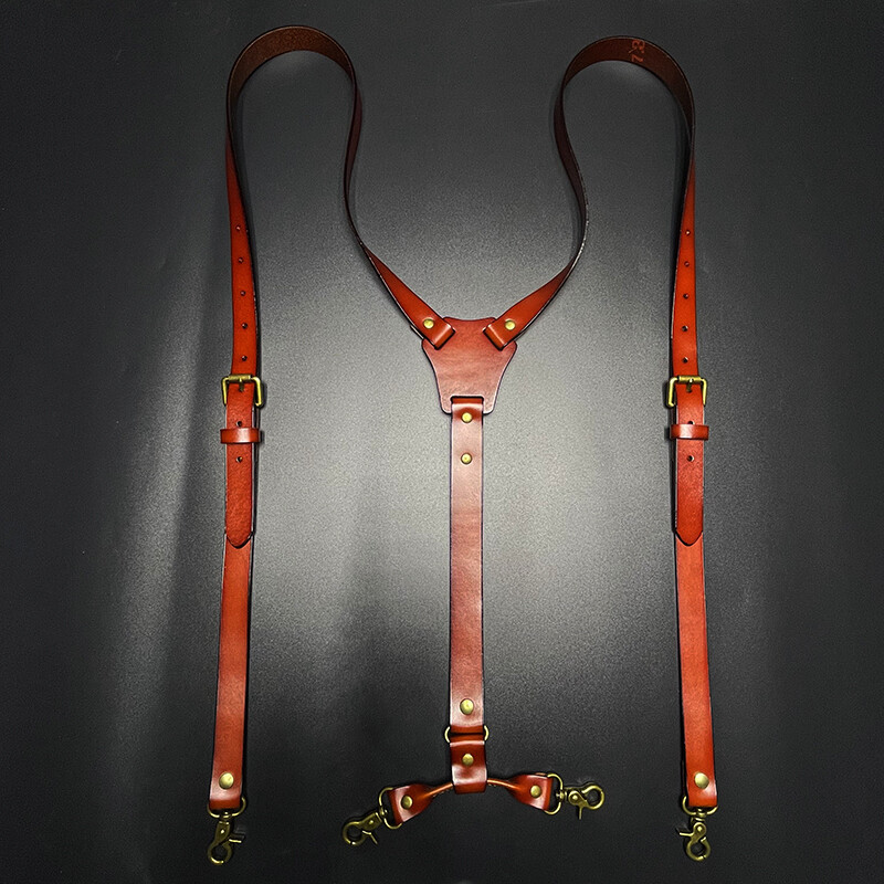 Vintage Brown Leather H Back Suspenders Belts 4 Brass Hooks For Men Male Work