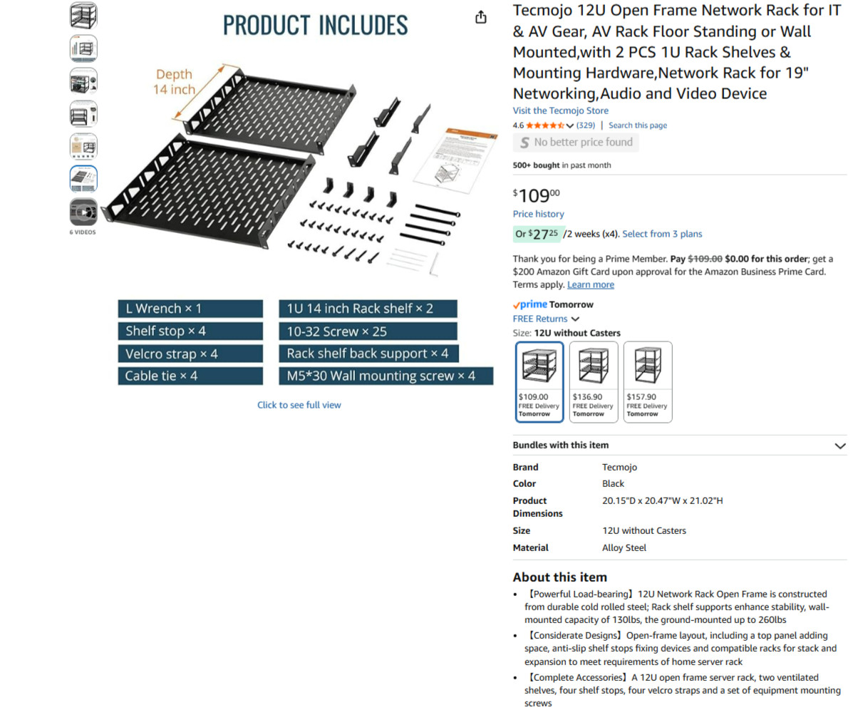 Tecmojo 12U Open Frame Network Rack for IT & AV Gear, AV Rack #2541P Y4X2