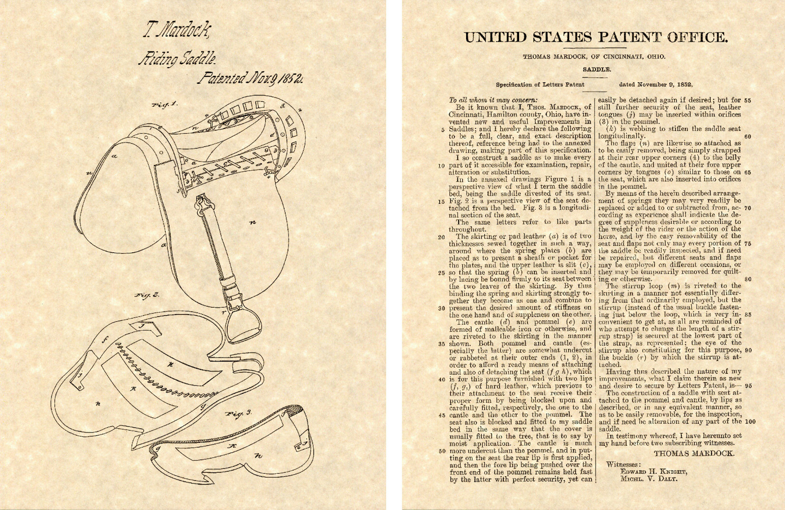 Horse Saddle US Patent Art Print READY TO FRAME!! Vintage 1871 equestrian seat