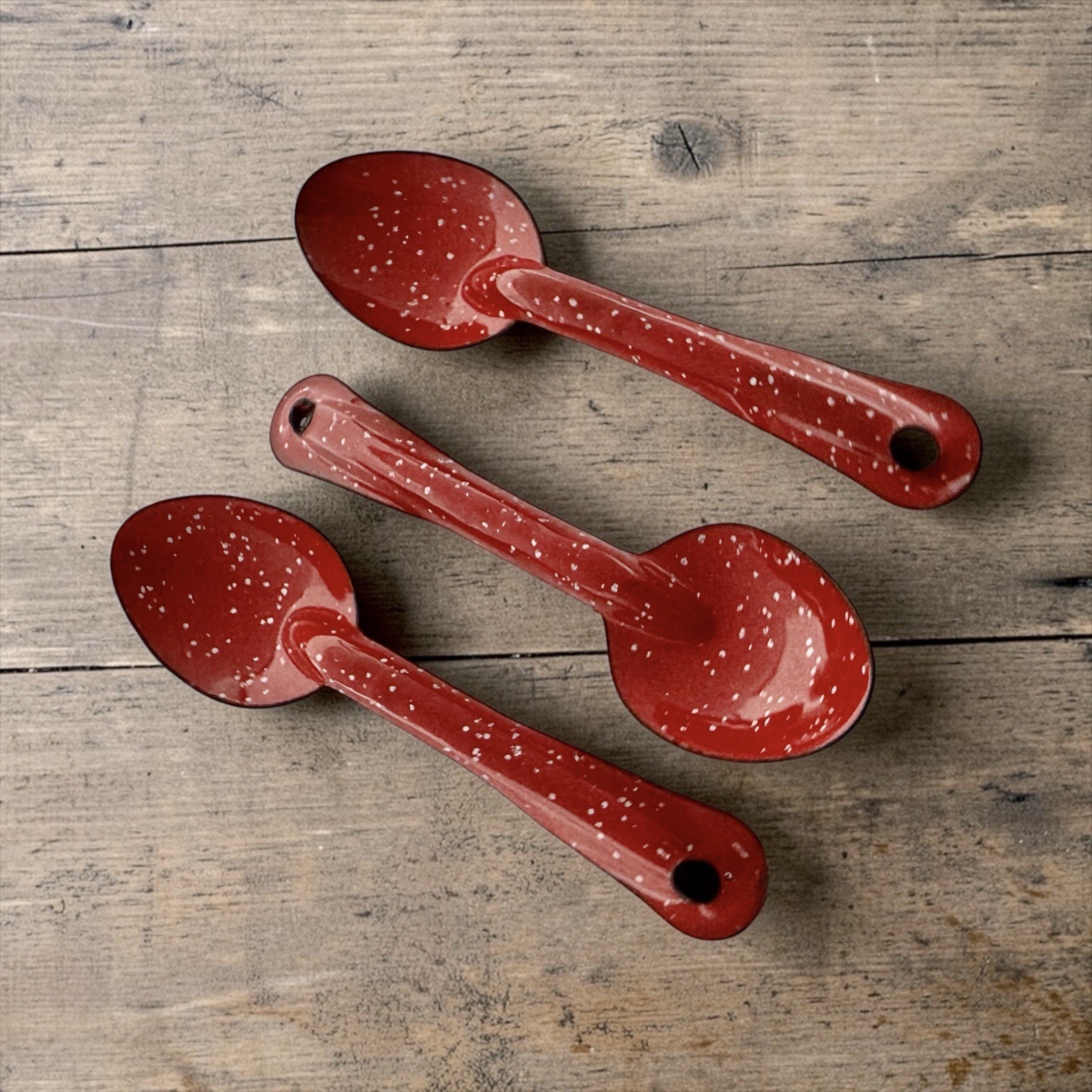 RED Speckle 6" SPOONS 3 pc Lot Vintage Enamel Metal Enamelware Camping Speckled