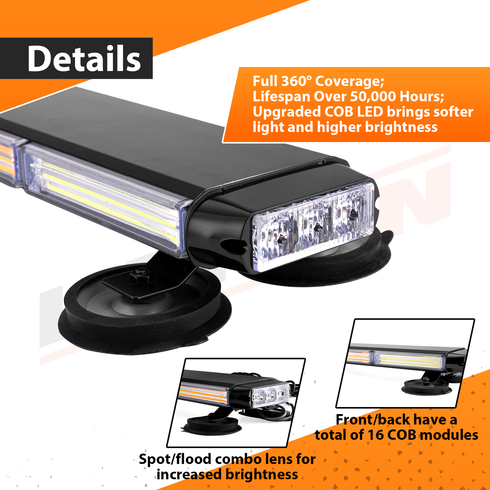 COB LED 50'' Amber White Strobe Light Bar Emergency Warning Tow Truck Response
