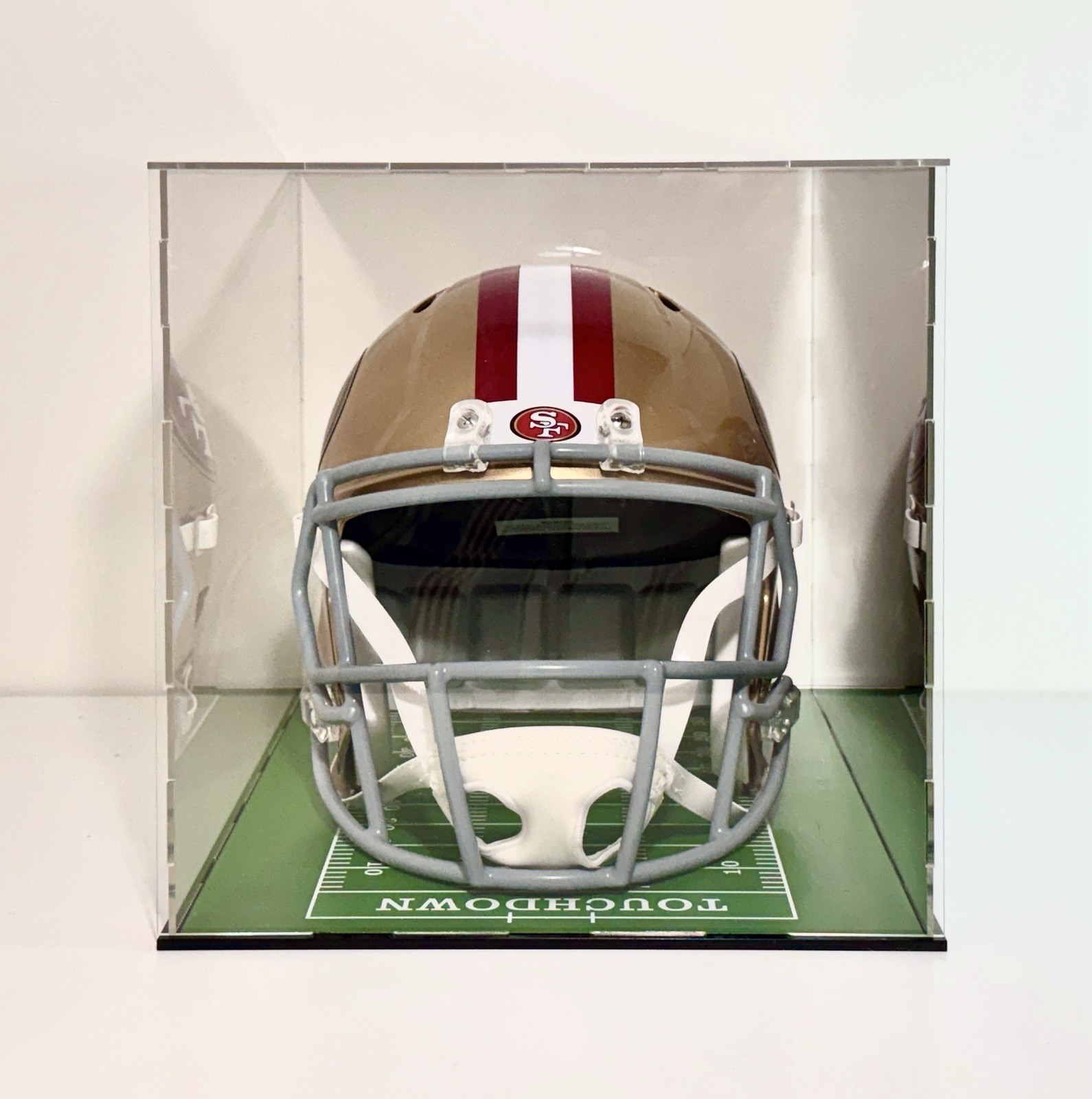 Full Size Helmet Display Case w/ Green Acrylic *Football Field* Base Back Mirror