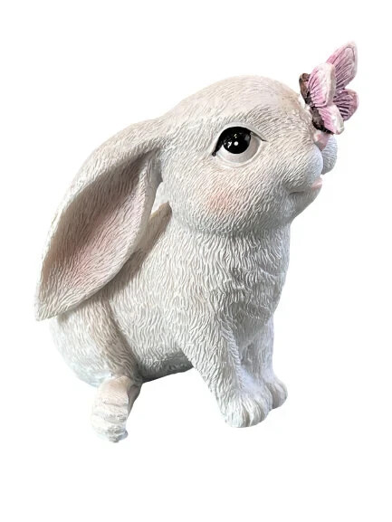 Small 3.75" Resin Bunny Rabbit w/Butterfly Figurine Farmhouse Easter Spring Boho