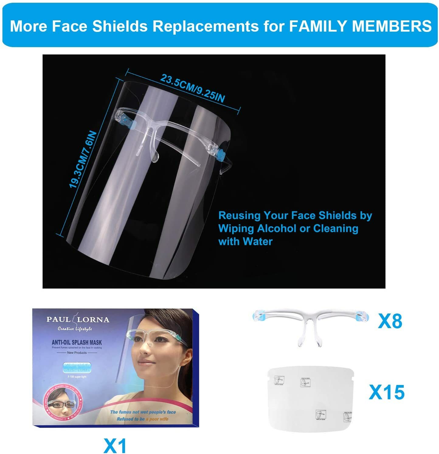 15 Glasses Plus 8 Frames Face Shield Guard Mask Safety Protection Reusable