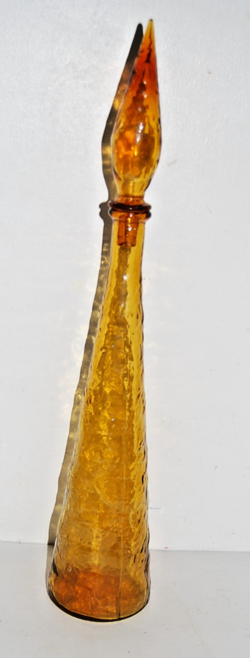 Vintage Empoli Honey Amber Crinkle Glass Decanter Bottle 23" Tall w/ Stopper