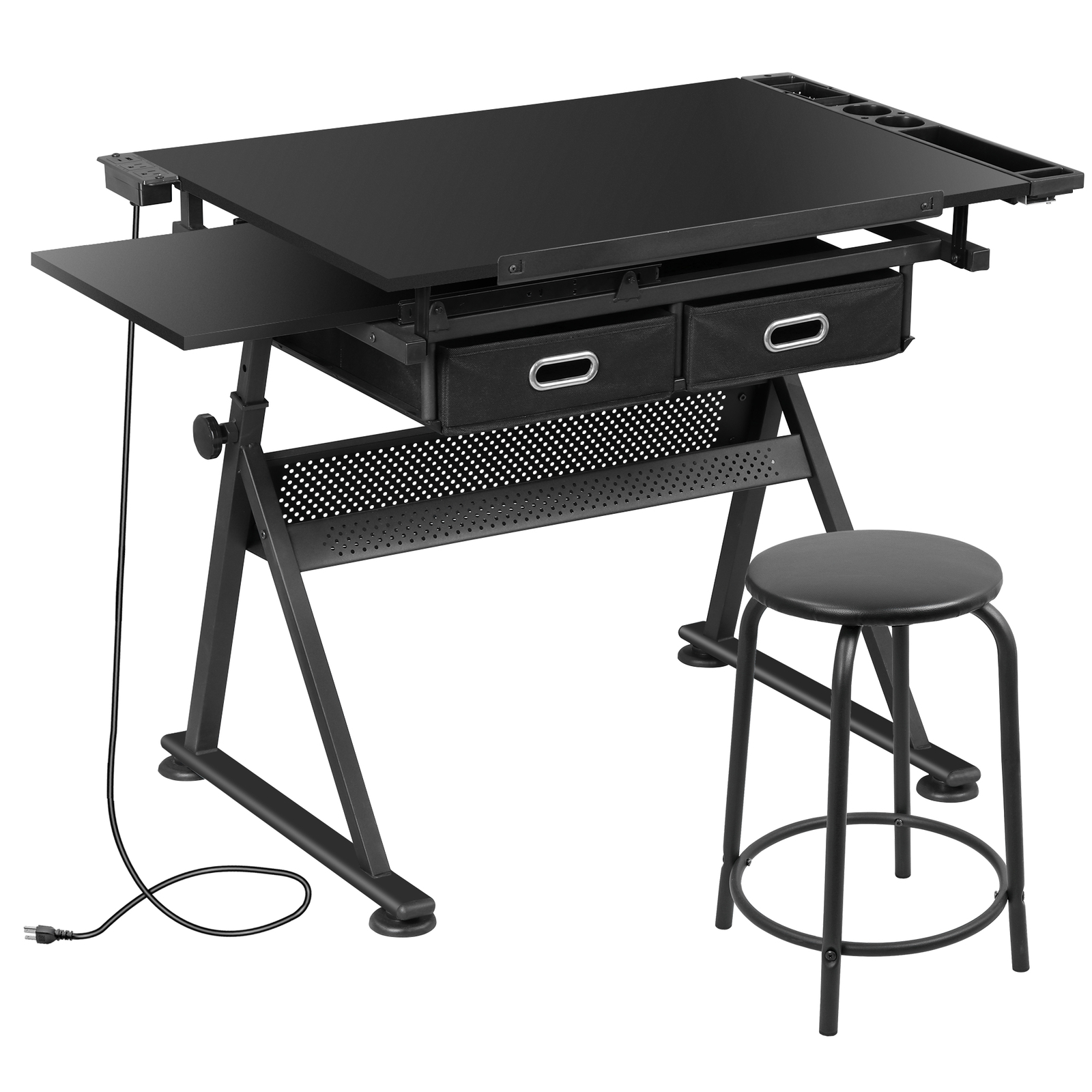 Drafting Table Drawing Desk Adjustable Tabletop w/Charging Station & Stool Black