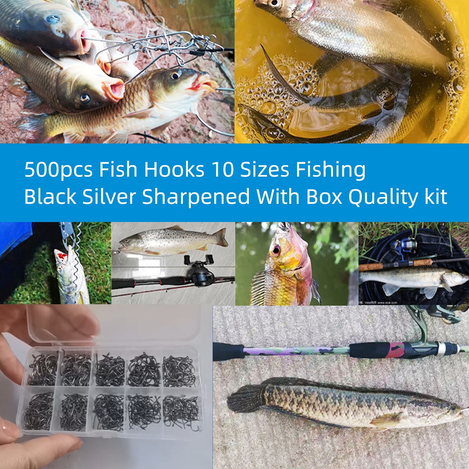 500 PCS Fish Hooks 10 Sizes Fishing Black Silver Sharpened With Box Quality kit