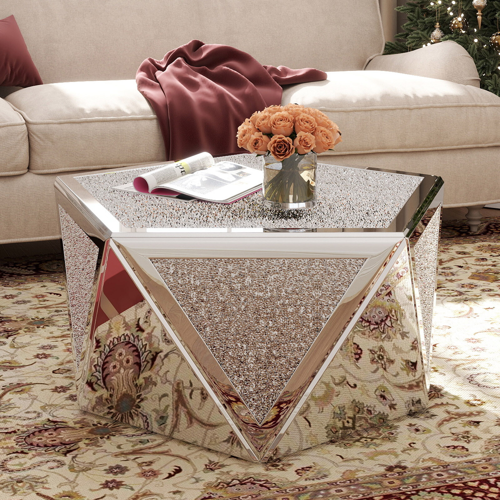 Silver Pentagonal Mirrored Coffee Table Side Table with Crushed Diamond Tabletop