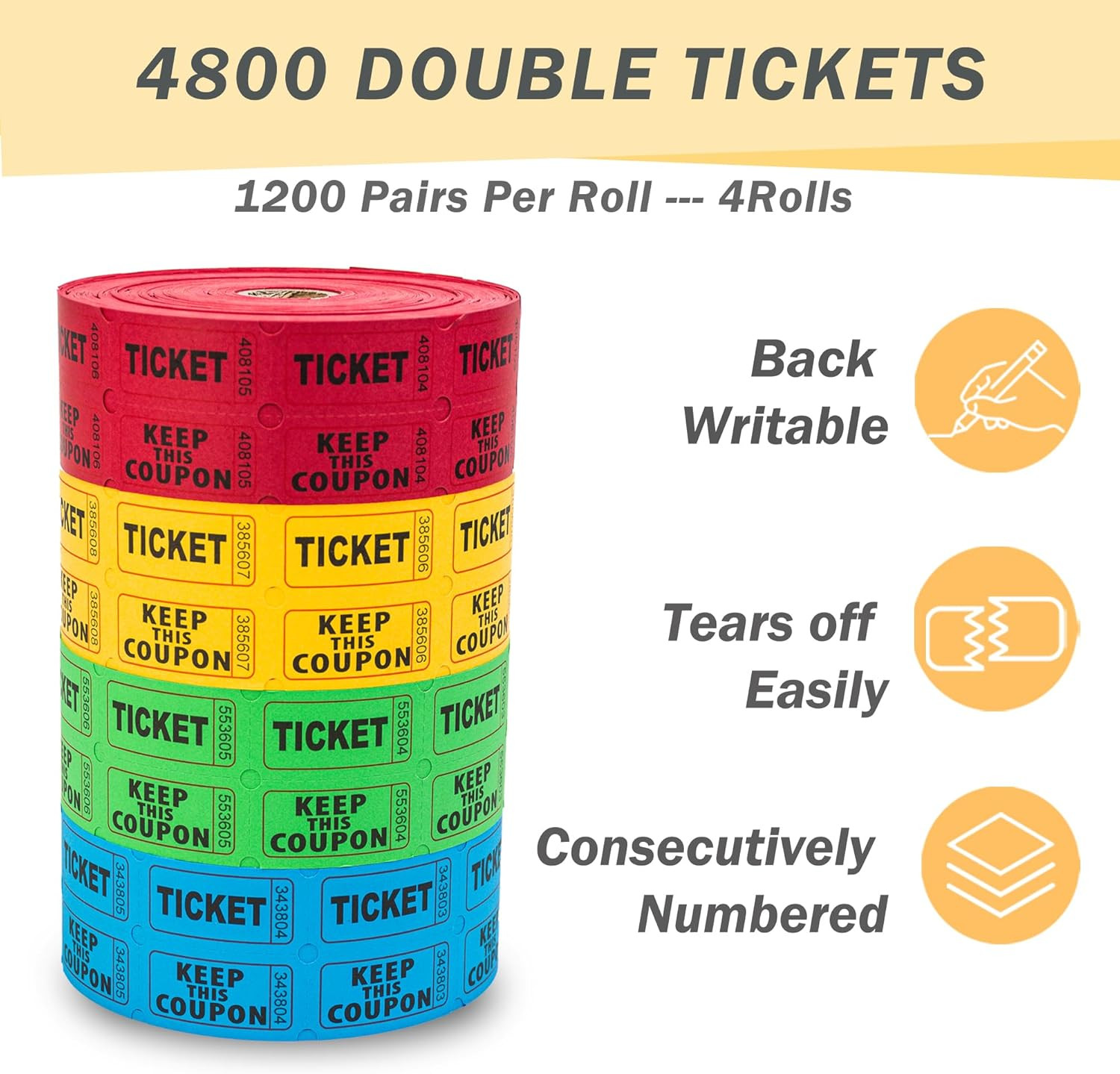 Double Raffle Tickets 4800 Total 1200 Per Roll Assorted Colors 50 50