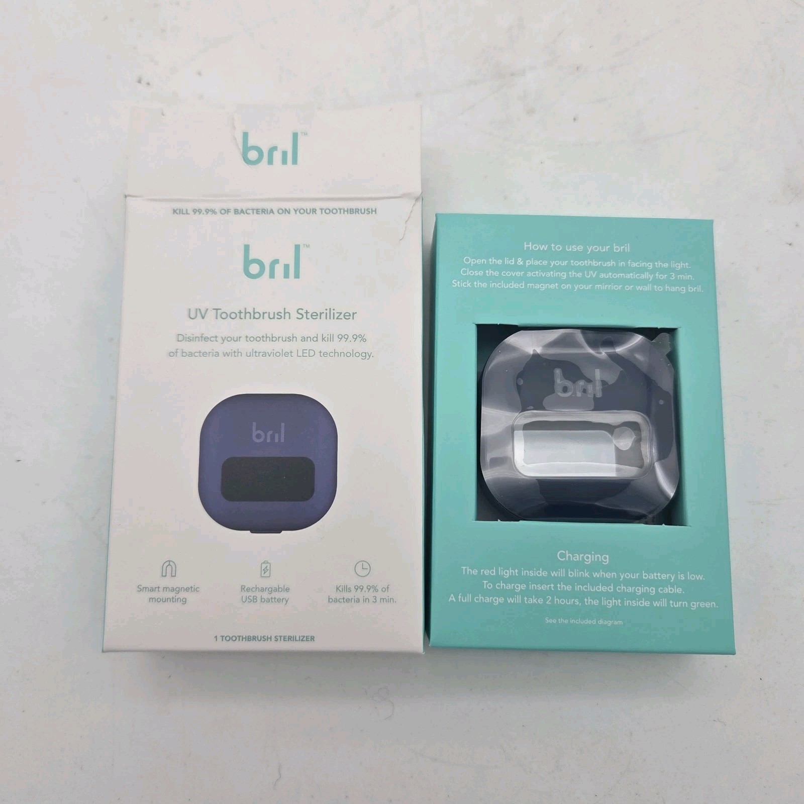 Bril UV Toothbrush Sterilizer Kills 99.9% of Bacteria USB Rechargeable Blue NEW