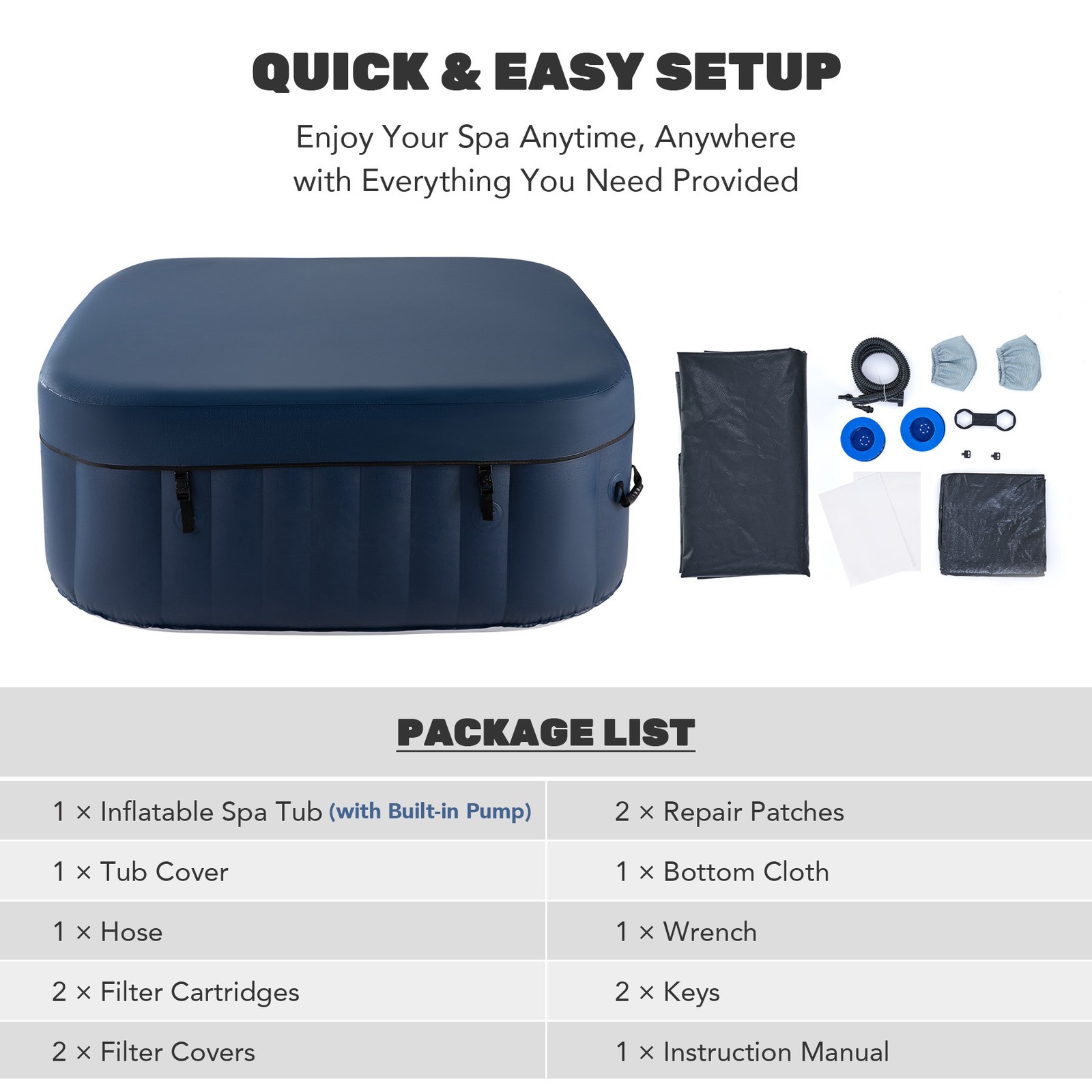 CO-Z Inflatable Tub Spa Portable 120 Air Jet w Pump and Cover 2-4 Person US