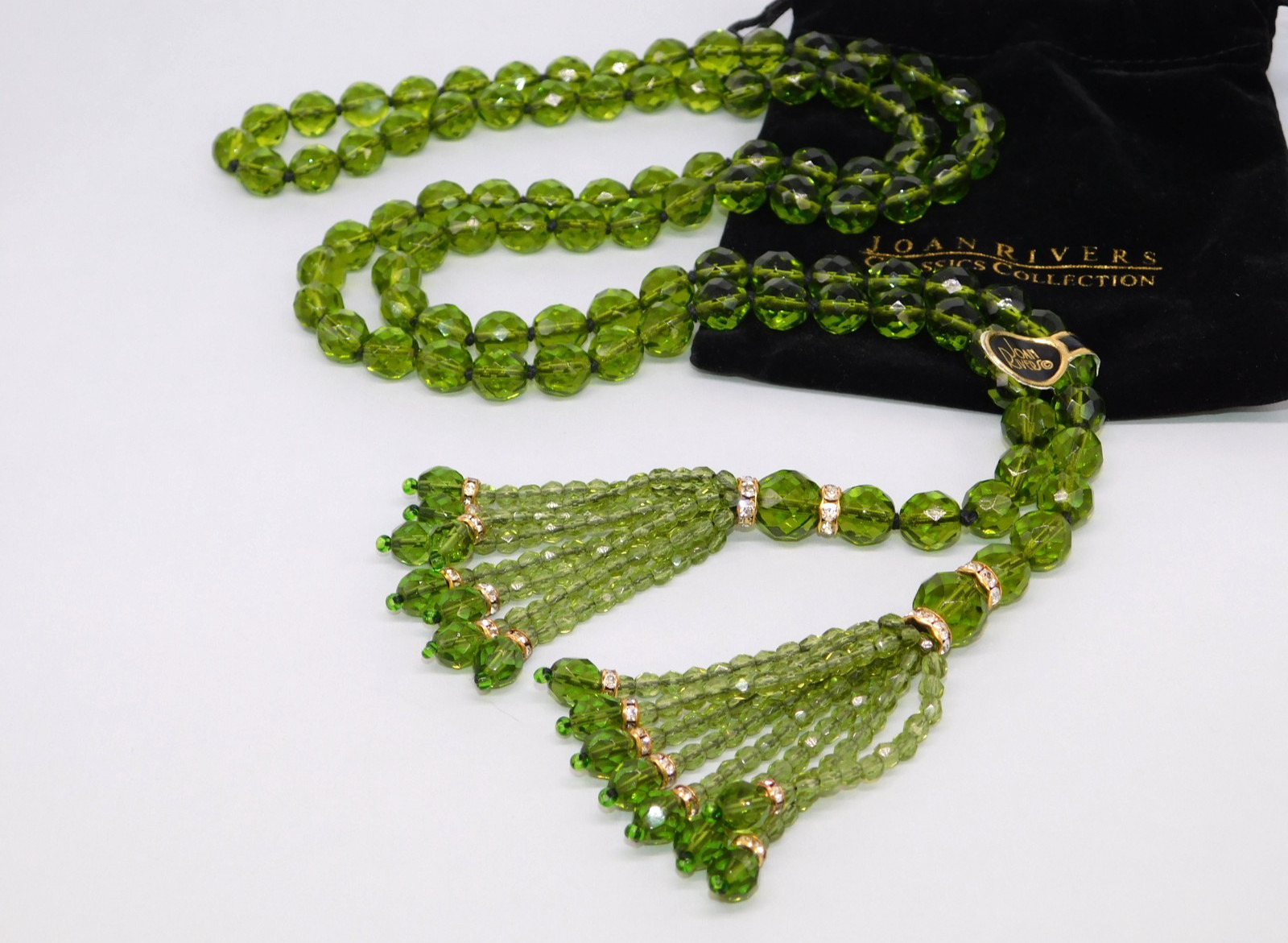 Vintage JOAN RIVERS Lariat Tassel Necklace Green Faceted Beads Flapper NWT