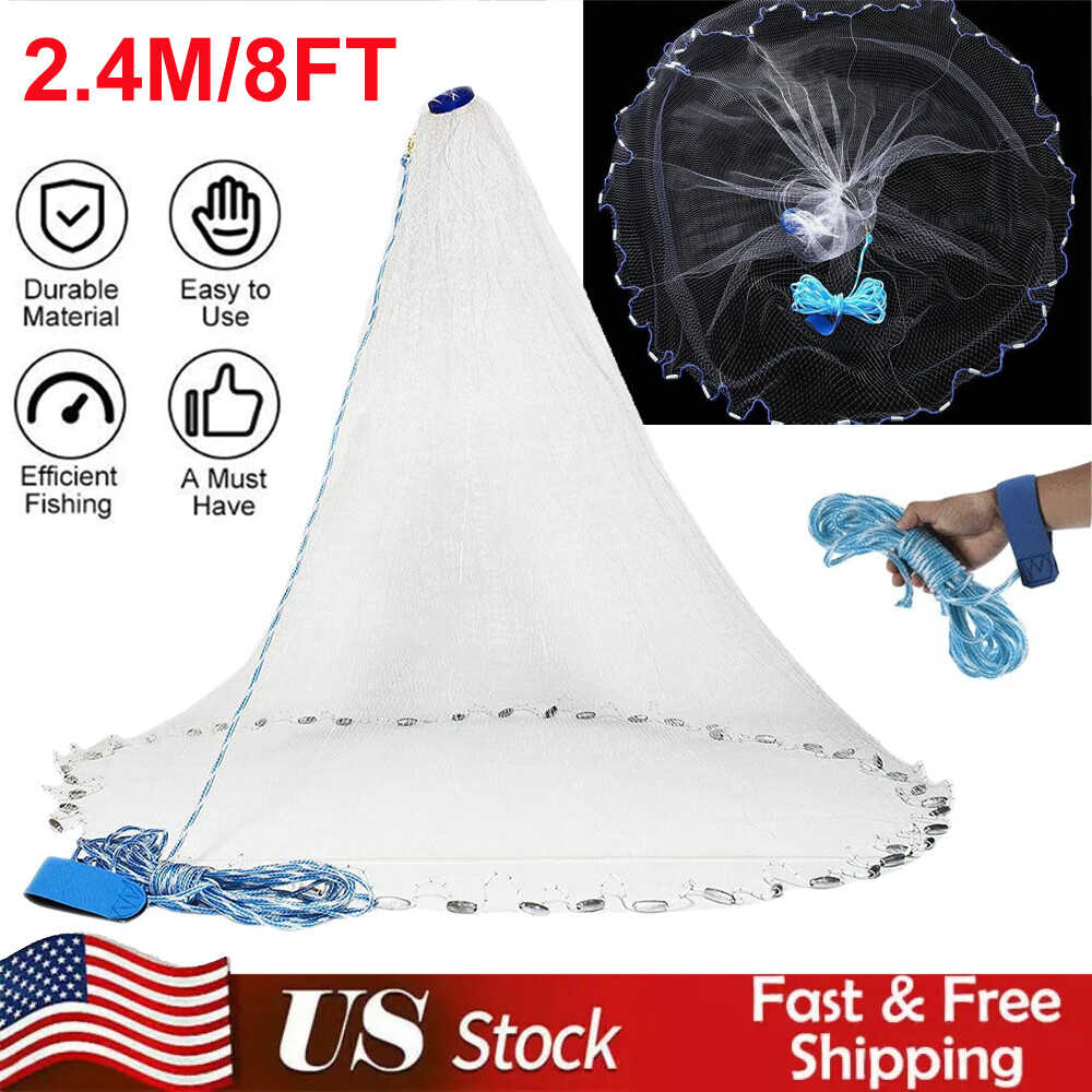 8FT Fishing Cast Net Bait Easy Throw Hand Cast Strong Nylon Mesh 3/8in Mesh Size