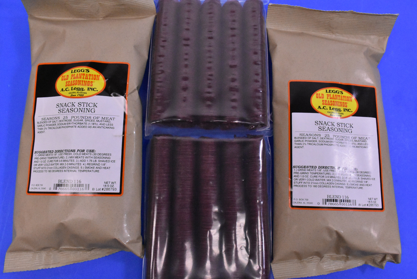 SEASONING and Casings for 50 lbs of Sausage Snack Buck Stick  1" filled diameter