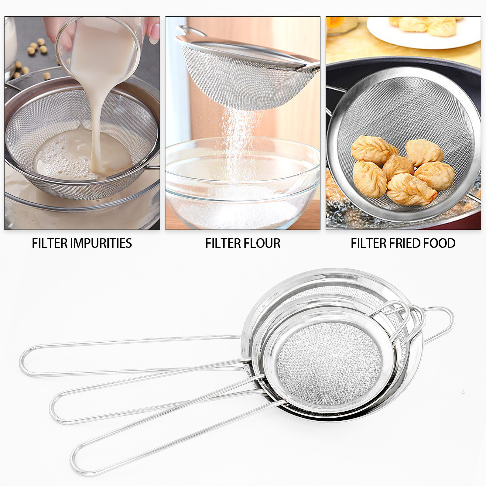 3PCS Kitchen Fine Mesh Strainer Stainless Steel Liquid Colander Sieve Strainer