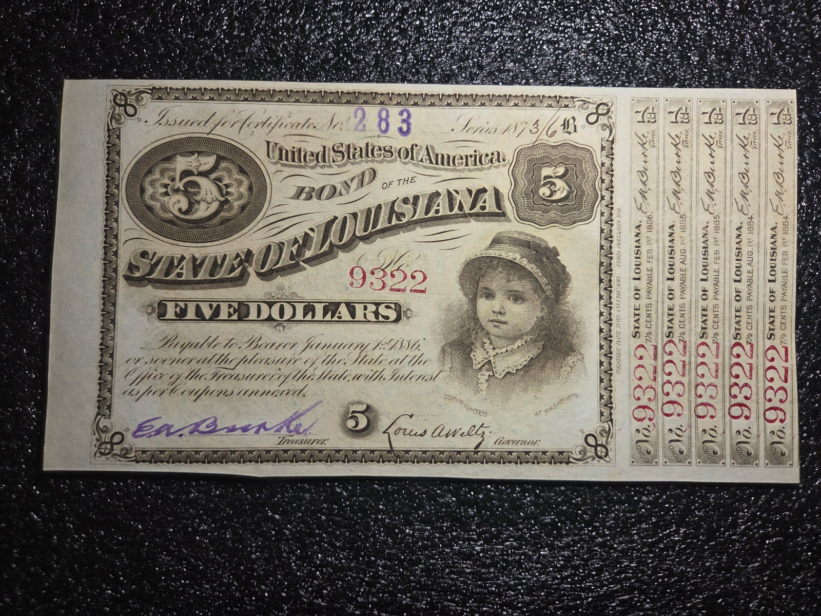 1880s Louisiana $5 “Baby Bond” Obsolete Note w/ 5 Coupons Red #9322