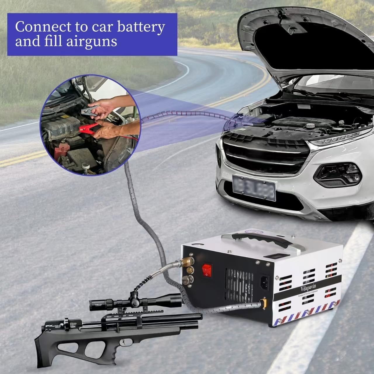 PCP air compressor, 4500 Psi/30Mpa, built-in power converter 12V DC/110V AC